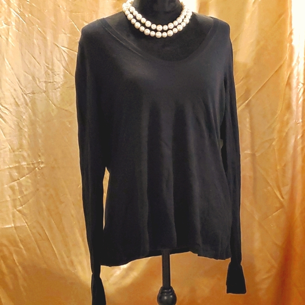 Ruffle Wrist Cotton Blend V-neck Black Sweater XL NWT